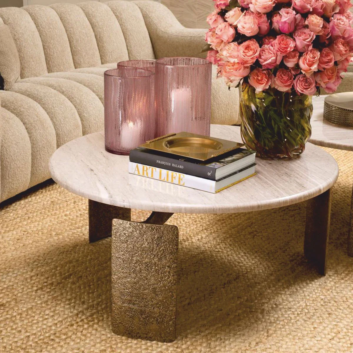 Luxus Couchtisch mit Marmorplatte Antik Messing / Beige Ø 100 cm