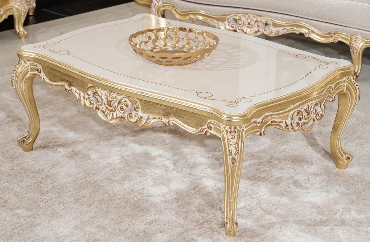 Luxus Barock Couchtisch Gold / Creme / Weiß - Handgefertigter Massivholz Wohnzimmertisch im Barockstil - Luxus Wohnzimmer Möbel im Barockstil - Barock Möbel - Edel & Prunkvoll
