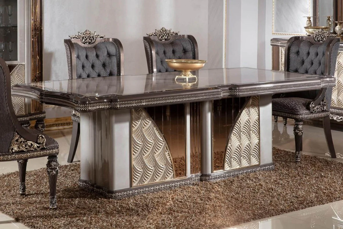 Luxus Barock Esstisch Grau / Dunkelbraun / Gold - Rechteckiger Barockstil Küchentisch - Luxus Esszimmer Möbel im Barockstil - Barock Esszimmer Möbel - Barock Einrichtung