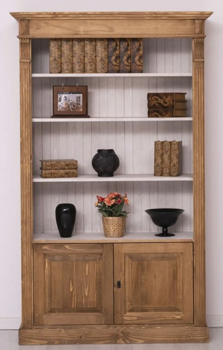Landhausstil Bücherschrank Braun / Grau 120 x 39 x H. 197 cm - Massivholz Schrank - Wohnzimmerschrank - Büroschrank - Landhausstil Möbel