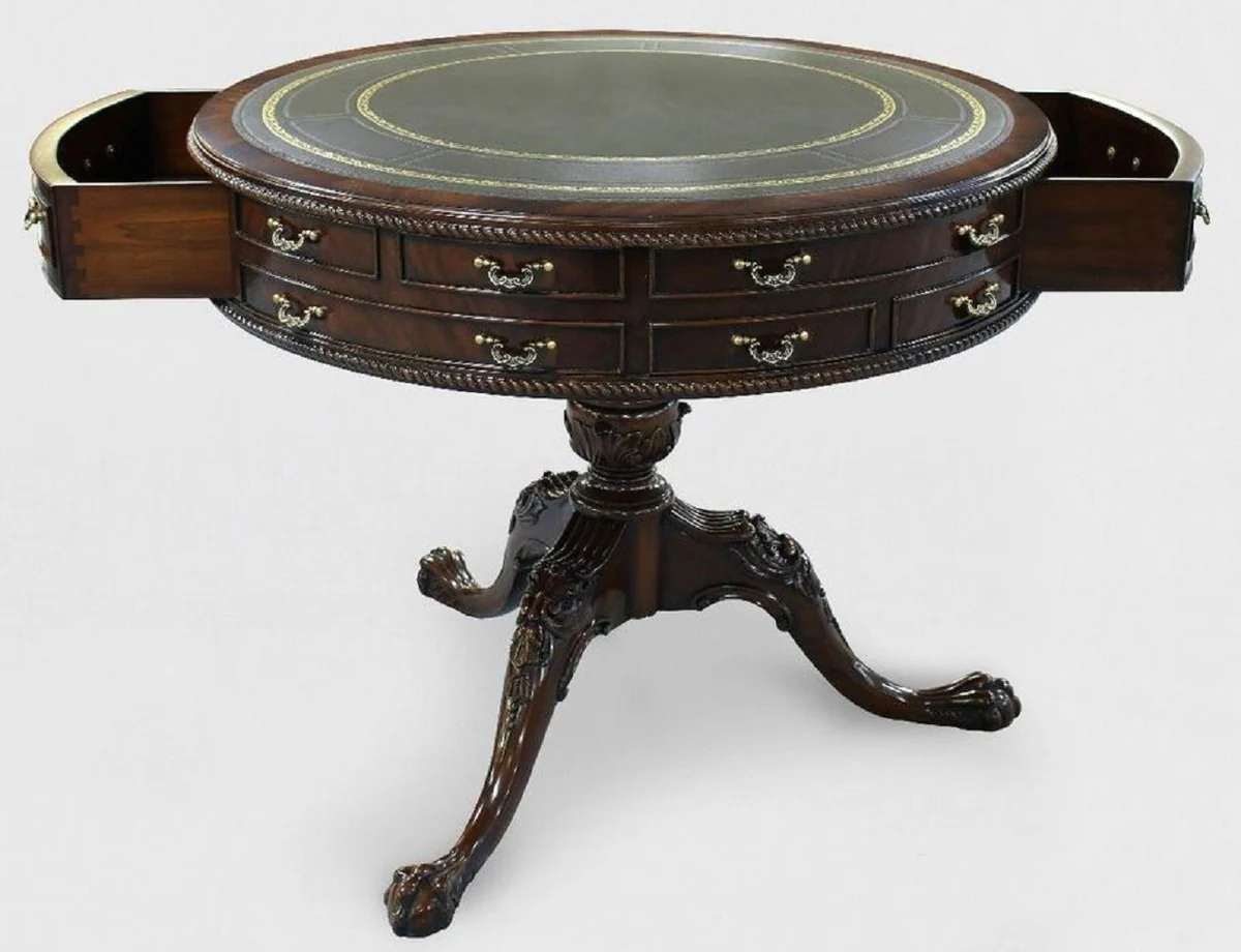 Luxus Barock Beistelltisch Braun / Grün / Gold Ø 91 x H. 76 cm - Runder Mahagoni Tisch mit 14 Schubladen und Echtleder - Barock Mahagoni Möbel