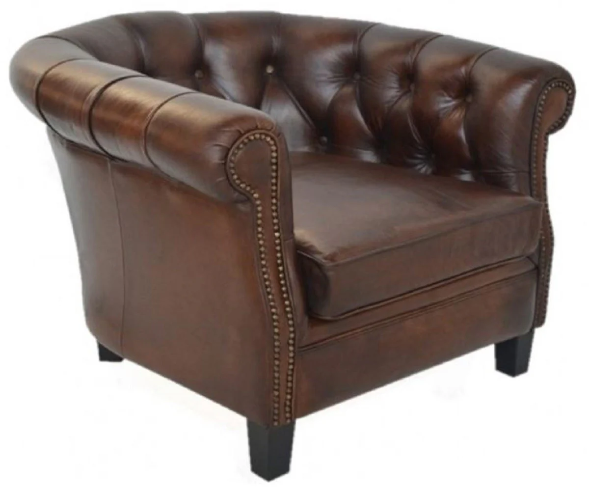 Luxus Chesterfield Leder Sessel Dunkelbraun / Schwarz 80 x 80 x H. 66 cm - Echtleder Wohnzimmer Sessel - Chesterfield Wohnzimmer Möbel