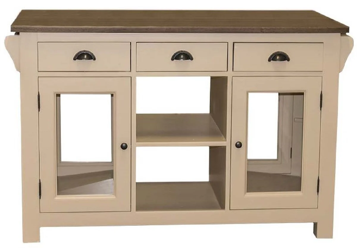 Landhausstil Kücheninsel Beige / Dunkelbraun 135 x 65 x H. 90 cm - Massivholz Esszimmerschrank - Landhausstil Massivholz Küchen Möbel - Esszimmer Möbel im Landhausstil
