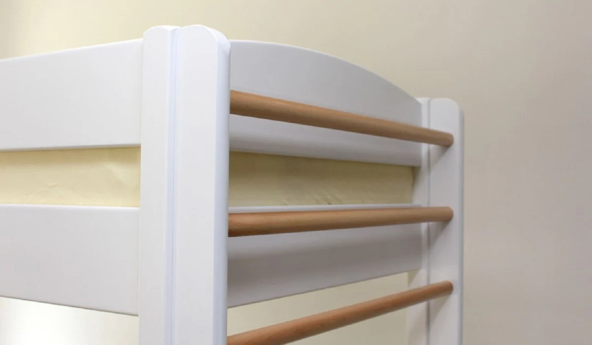 Luxus Massivholz Kinder Etagenbett Weiß / Naturfarben 211 x 98 x H. 185 cm - Multifunktions Kinderbett mit Leiter und Sprossenwand - Kinderzimmer Möbel