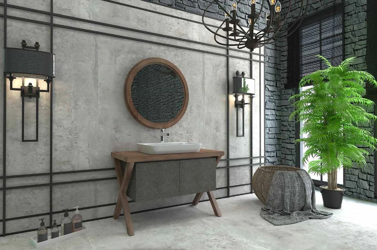 Luxus Badezimmer Set Dunkelbraun / Dunkelgrau - 1 Waschtisch mit 2 Türen und 1 Waschbecken und 1 Wandspiegel - Luxus Kollektion