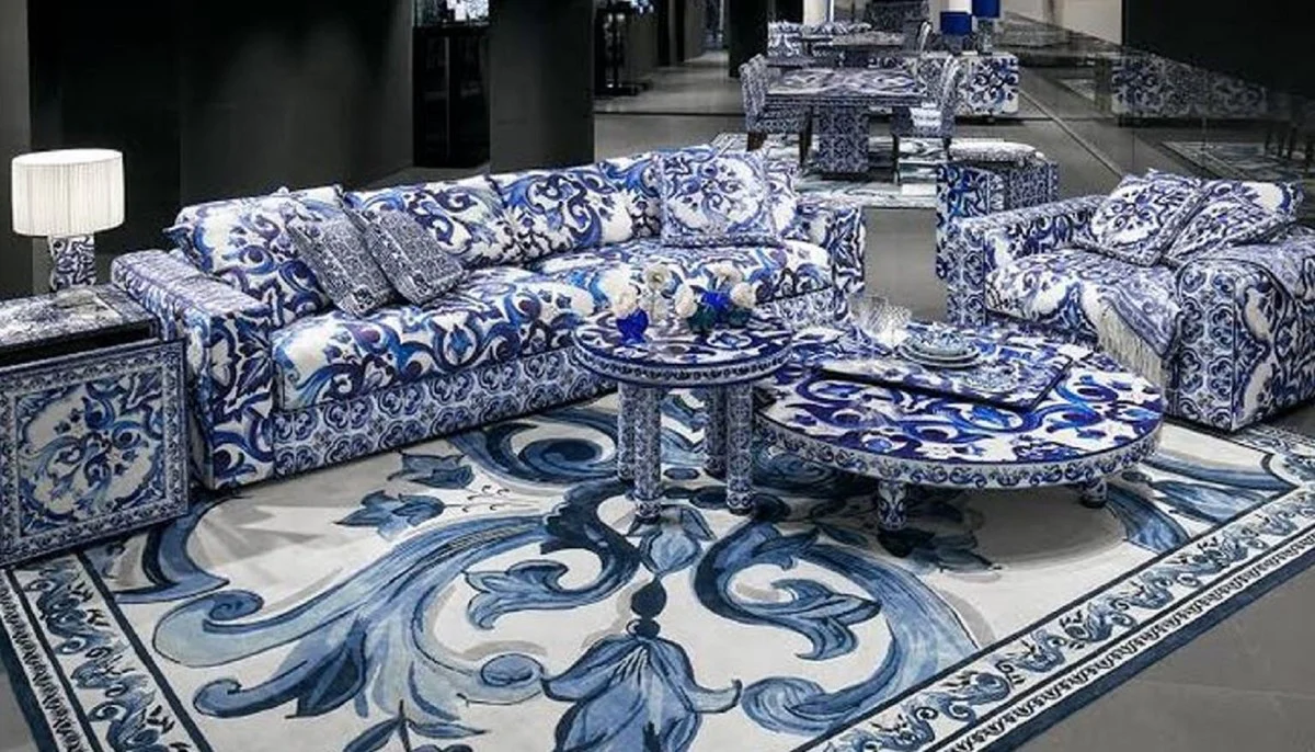 Luxus Barock Wohnzimmer Wollteppich Weiß / Blau - Verschiedene Größen
