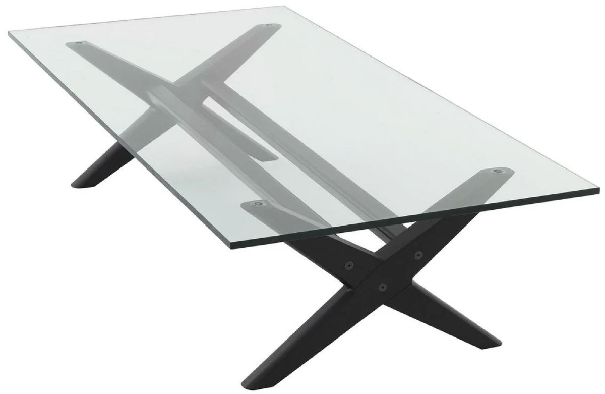 Luxus Couchtisch Schwarz 160 x 80 x H. 40,5 cm - Rechteckiger Massivholz Wohnzimmertisch mit Glasplatte - Luxus Wohnzimmer Möbel