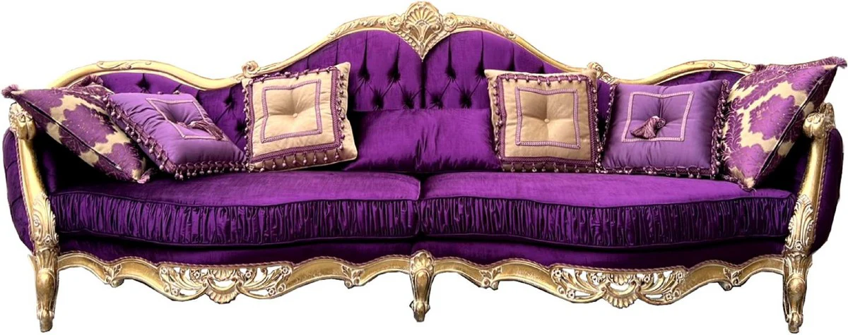 Luxus Barock Sofa Lila / Gold - Prunkvolles Wohnzimmer Sofa mit edlem Satinstoff - Barock Möbel - Luxus Wohnzimmer Möbel im Barockstil - Barock Einrichtung - Edel & Prunkvoll