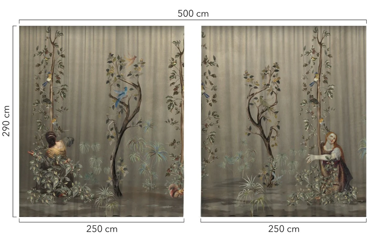 Luxus Vorhang Set Frauen im Garten Grau / Mehrfarbig 250 x H. 290 cm - Bedruckte Leinen & Samt Vorhänge - Ösenvorhänge - Schiebevorhänge - Luxus Kollektion