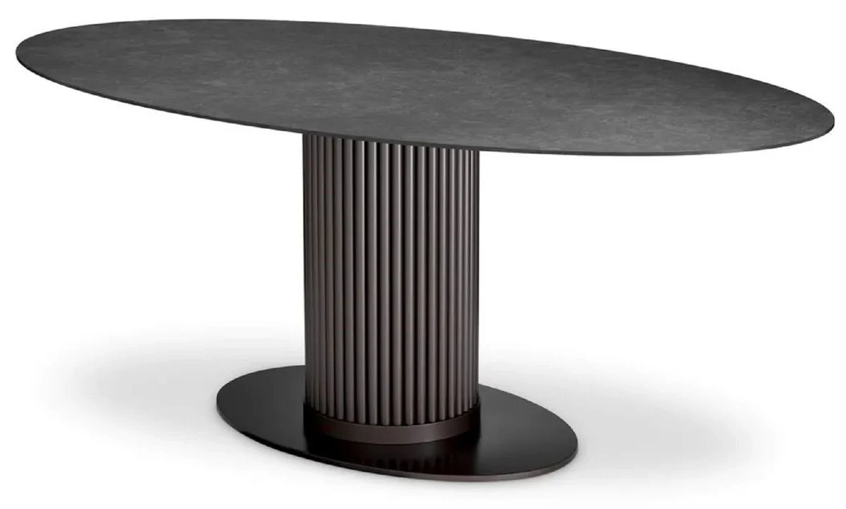Luxus Esstisch Schwarz / Bronze 200 x 119 x H. 78,5 cm - Ovaler Küchentisch mit Keramik Tischplatte in Marmoroptik - Esszimmer Möbel - Küchen Möbel - Luxus Möbel - Luxus Qualität