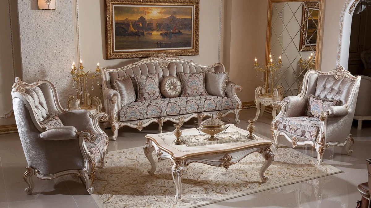 Luxus Barock Couchtisch Weiß / Beige / Gold - Prunkvoller Wohnzimmertisch im Barockstil - Luxus Wohnzimmer Möbel im Barockstil - Barock Möbel - Barock Wohnzimmer Einrichtung
