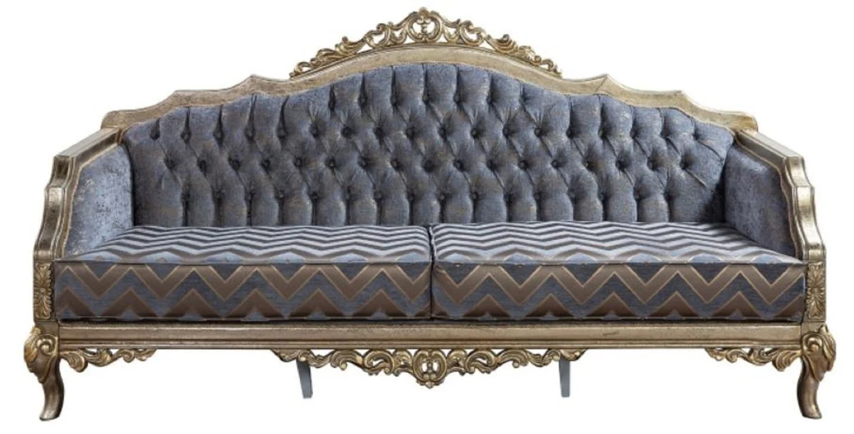 Luxus Barock Sofa Blau / Silber / Gold - Handgefertigtes Wohnzimmer Sofa im Barockstil - Barock Wohnzimmer Möbel - Edel & Prunkvoll