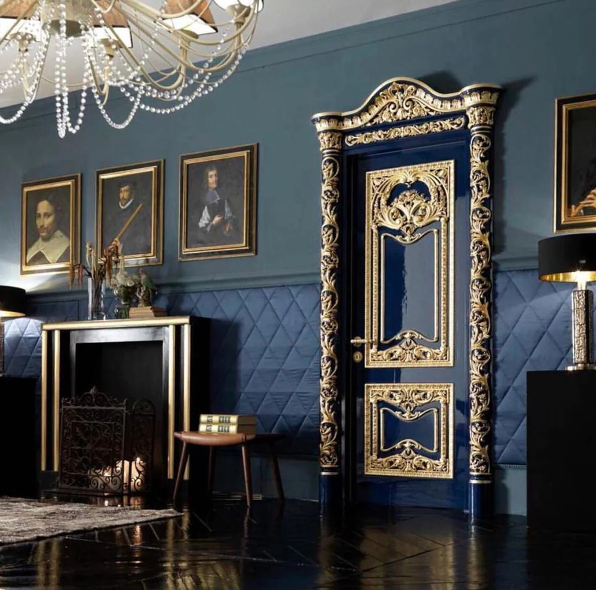 Luxus Barock Wohnungstür Royal Blau / Gold - Prunkvolle Massivholz Tür mit Rahmen - Luxus Möbel im Barockstil - Barock Möbel - Hotel Möbel - Barock Einrichtung - Edel & Prunkvoll