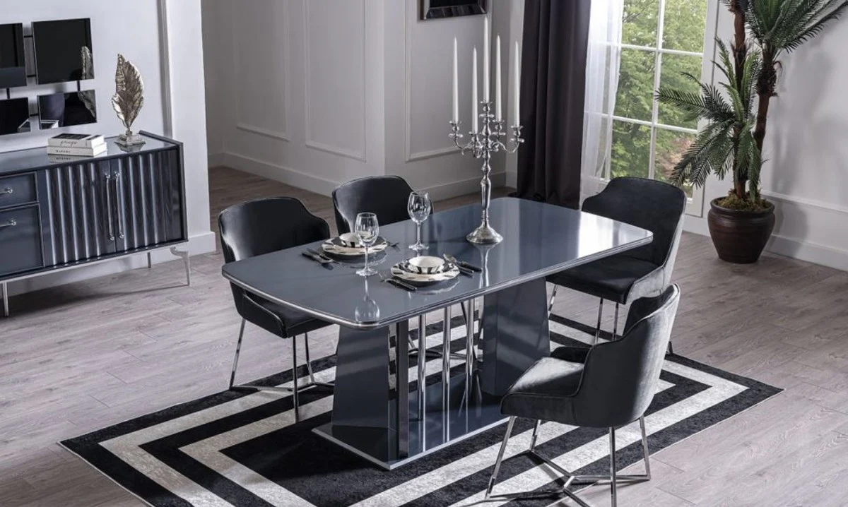 Luxus Esstisch Blau / Silber 182 x 92 x H. 77 cm - Esszimmertisch - Küchentisch - Edle Esszimmer Möbel