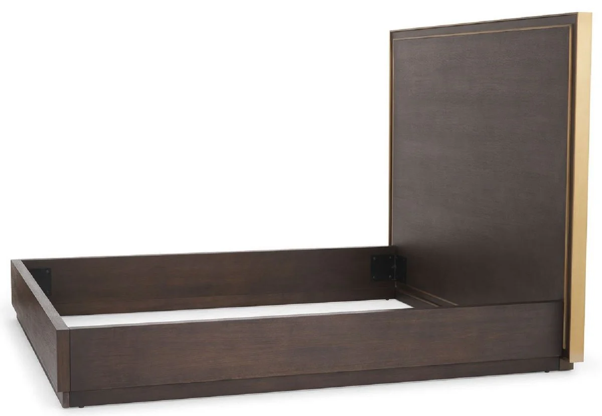 Luxus Doppelbett Braun / Messingfarben 186 x 224,5 x H. 155,5 cm - Modernes Massivholz Bett mit Kopfteil - Schlafzimmer Möbel