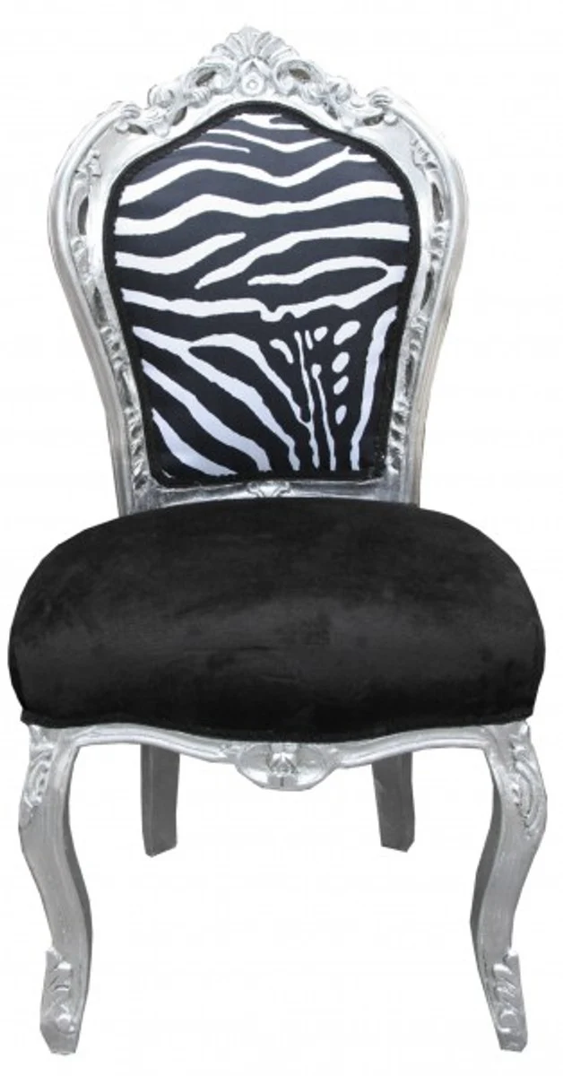 Barock Esszimmer Stuhl Schwarz / Weiß / Silber ohne Armlehnen - Antik Möbel Zebra