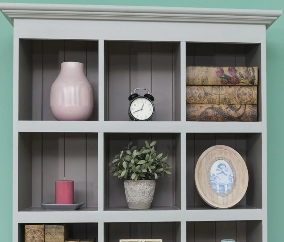 Landhausstil Schrank Grau 97 x 40 x H. 210 cm - Massivholz Regalschrank mit 2 Türen und 6 Schubladen - Möbel im Landhausstil