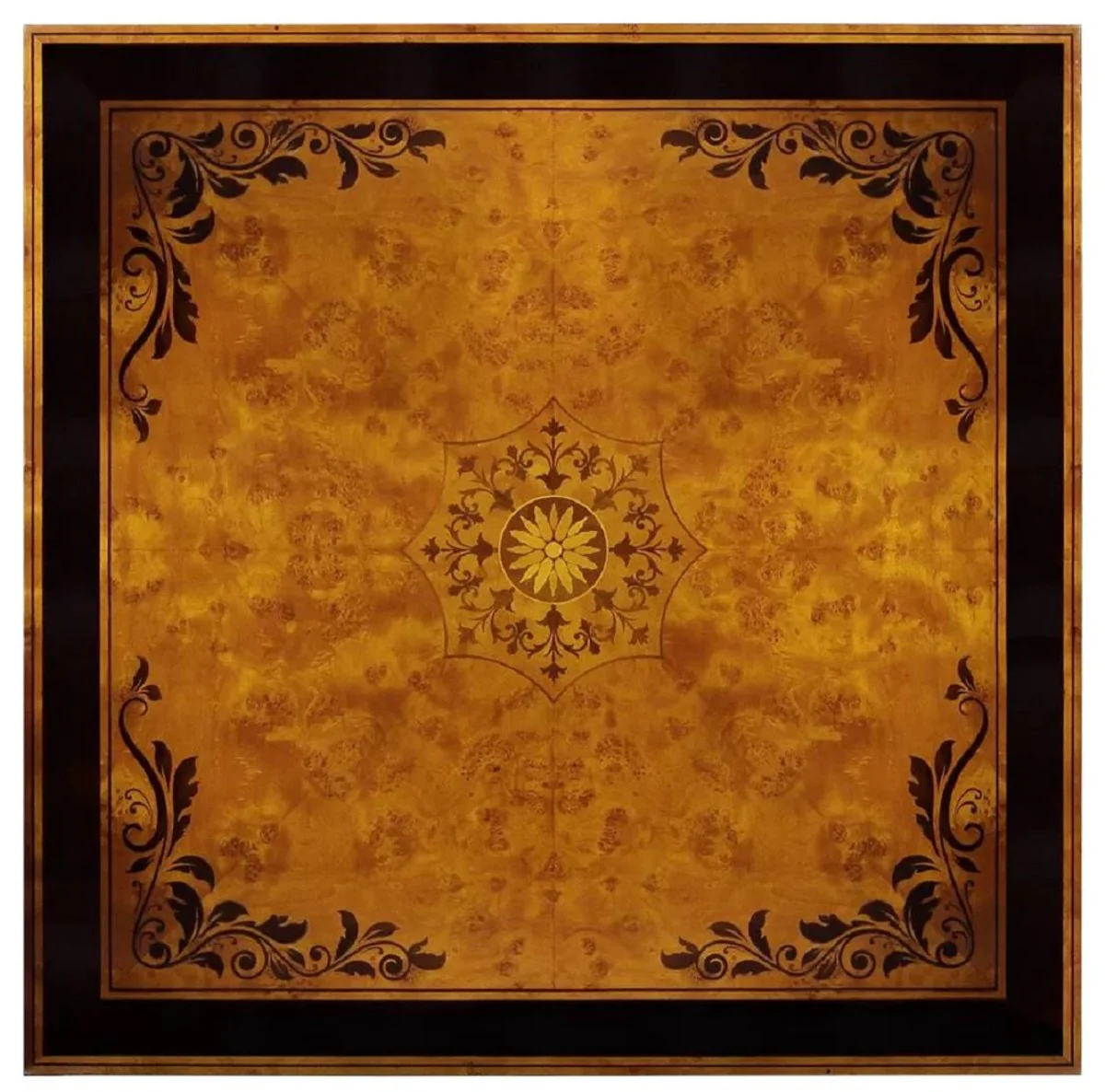 Luxus Art Deco Couchtisch Naturfarben / Braun Intarsien / Silber / Antik Messing 130 x 130 x H. 50 cm - Quadratischer Wohnzimmertisch - Luxus Art Deco Wohnzimmer Möbel