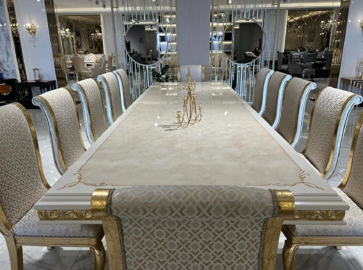 Luxus Barock Esstisch Weiß / Gold - Handgefertigter Massivholz Esszimmertisch im Barockstil - Barock Esszimmer Möbel - Edel & Prunkvoll