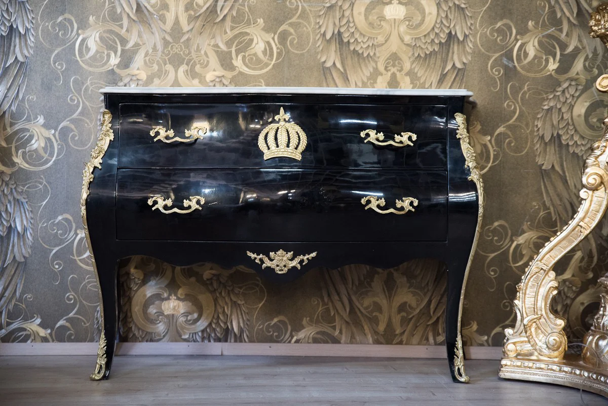 Pompöös by Barock Kommode mit 2 Schubladen und Marmorplatte Schwarz / Gold / Weiß - Pompööse Barock Kommode designed by Harald Glööckler