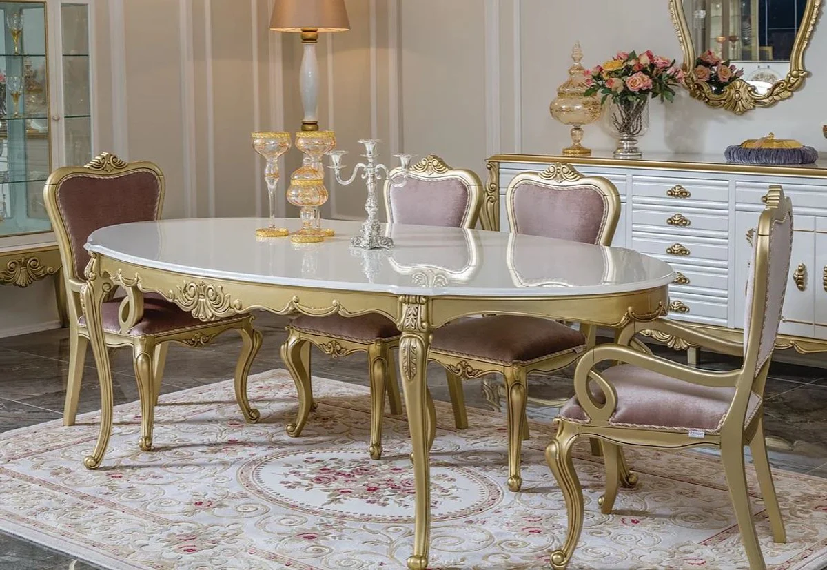 Luxus Barock Esszimmer Set Rosa / Weiß / Gold - 1 ovaler Esstisch & 6 Esszimmerstühle - Prunkvolle Esszimmer Möbel im Barockstil
