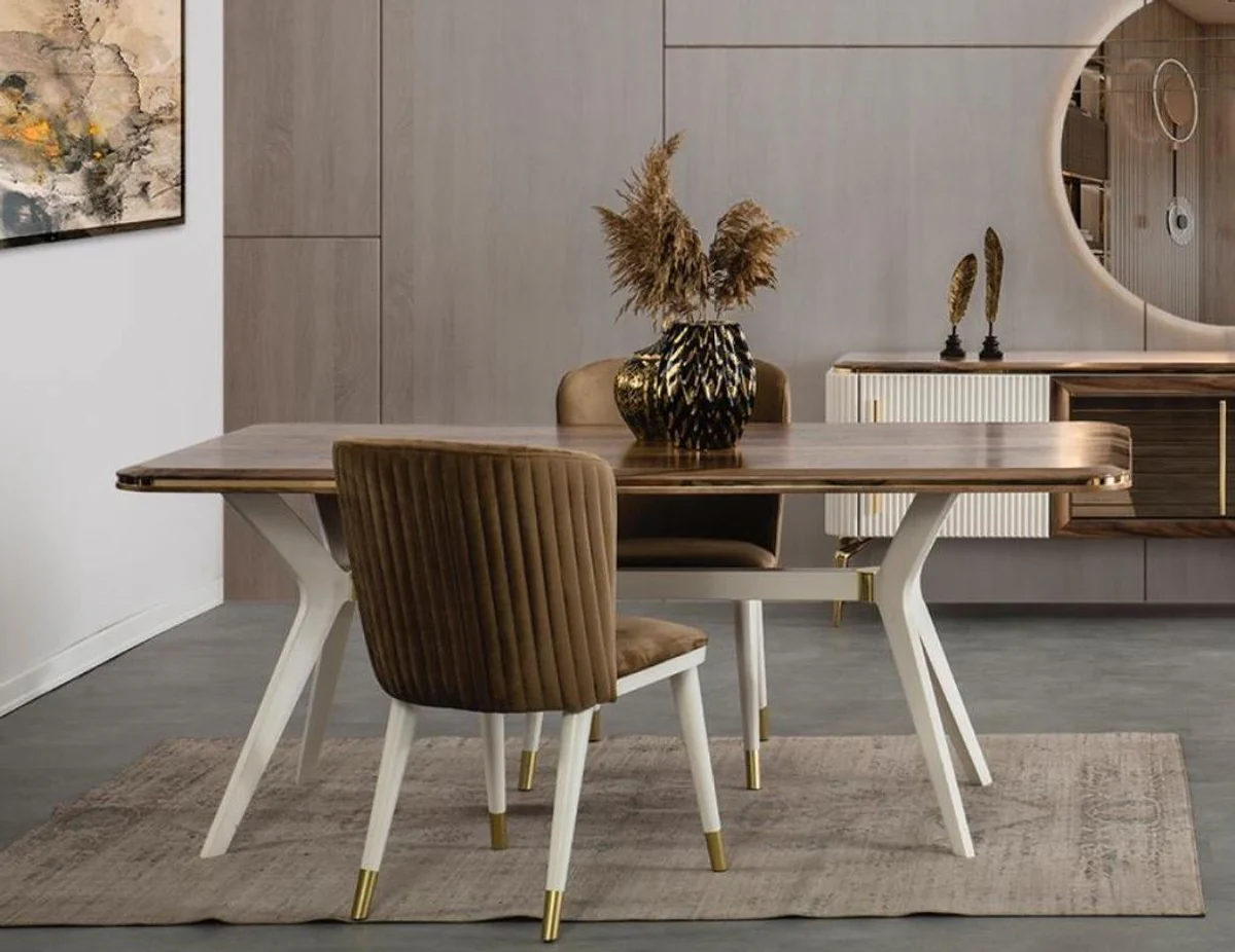 Luxus Art Deco Esszimmer Set Braun / Weiß / Gold - 1 Esszimmertisch & 6 Esszimmerstühle - Art Deco Esszimmer Möbel