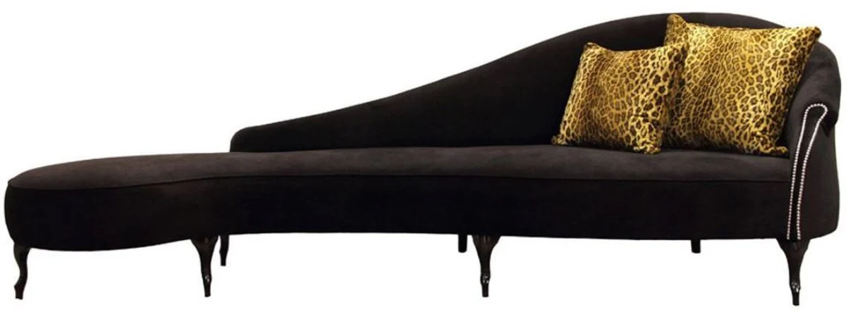 Luxus Barock Samt Chaiselongue Schwarz 300 x 90 x H. 94 cm - Gebogene Massivholz Recamiere mit edlem Samtstoff - Barock Möbel - Luxus Qualität