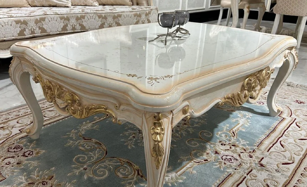 Luxus Barock Couchtisch Weiß / Beige / Gold - Massivholz Wohnzimmertisch im Barockstil - Barockstil Wohnzimmer Möbel - Barock Möbel - Barock Einrichtung - Luxus Möbel im Barockstil