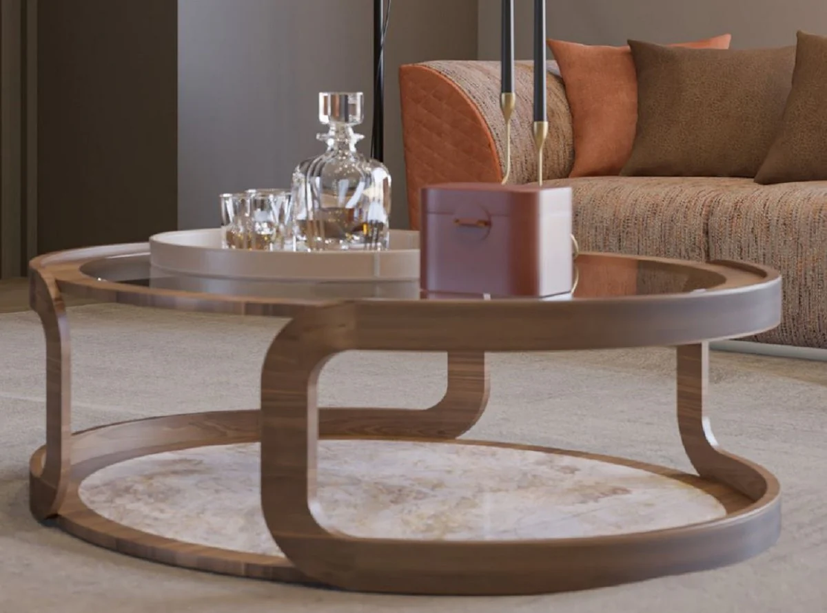 Luxus Couchtisch Braun / Beige Ø 120 x H. 40 cm - Runder Massivholz Wohnzimmertisch mit Glasplatte und Marmorplatte - Wohnzimmer Möbel - Hotel Möbel - Luxus Möbel - Luxus Einrichtung