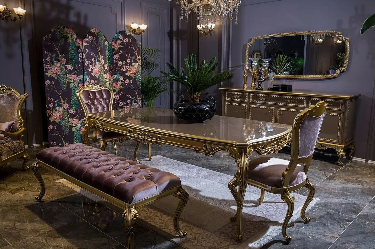 Luxus Barock Esstisch Grau / Gold - Prunkvoller Massivholz Esszimmertisch - Barock Esszimmer Möbel - Edel & Prunkvoll