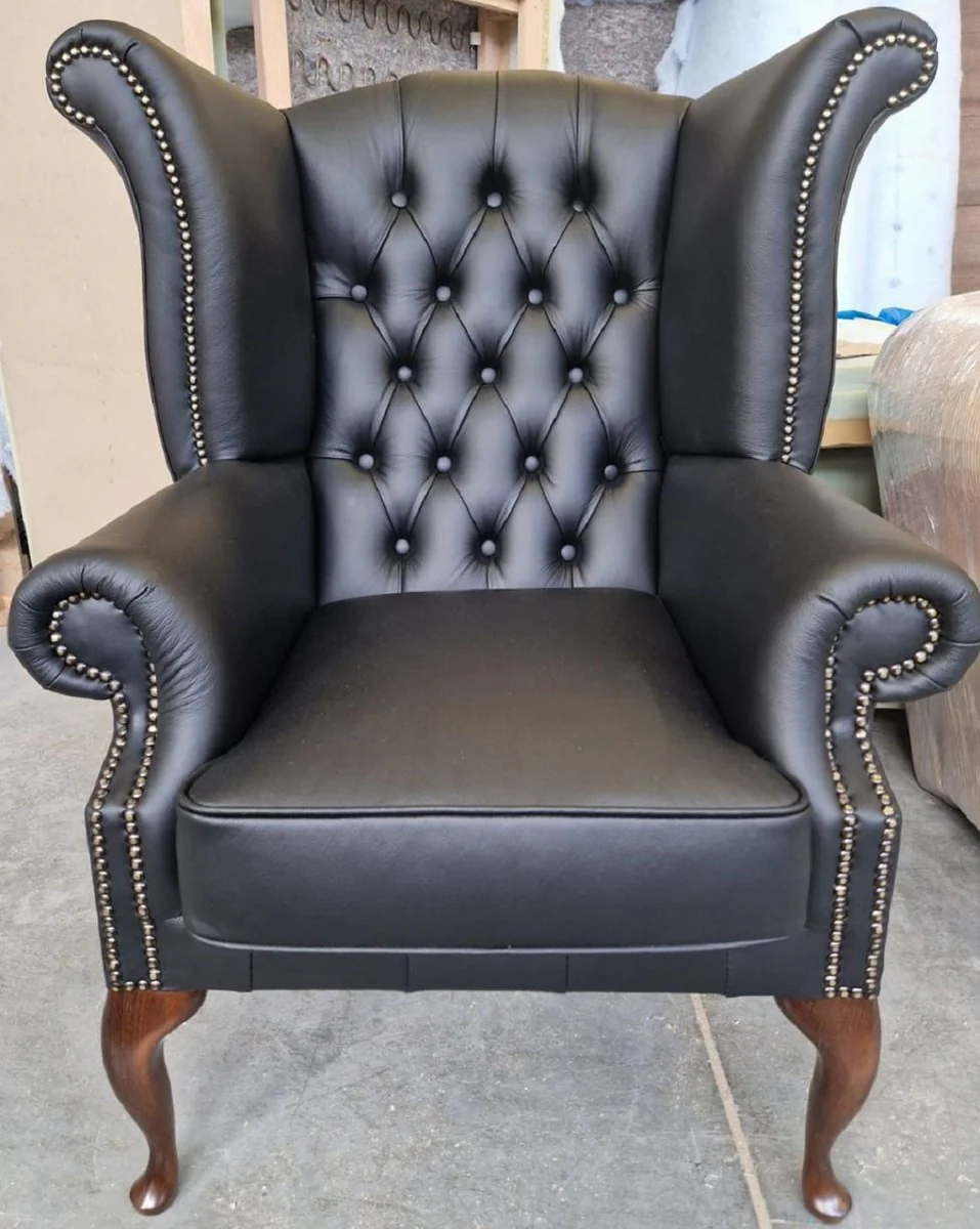 Luxus Chesterfield Ohrensessel Schwarz / Dunkelbraun 98 x 90 x H. 110 cm - Echtleder Chesterfield Wohnzimmer Sessel - Wohnzimmer Möbel - Chesterfield Möbel - Luxus Leder Möbel