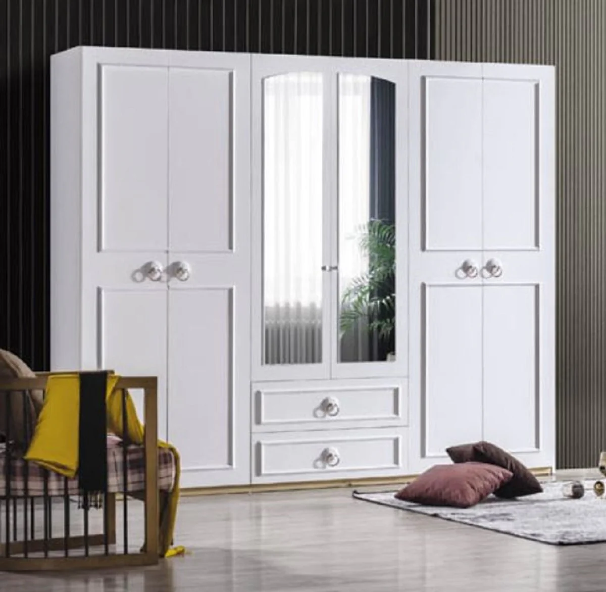 Landhausstil Schlafzimmerschrank Weiß / Braun 251 x H. 217 cm