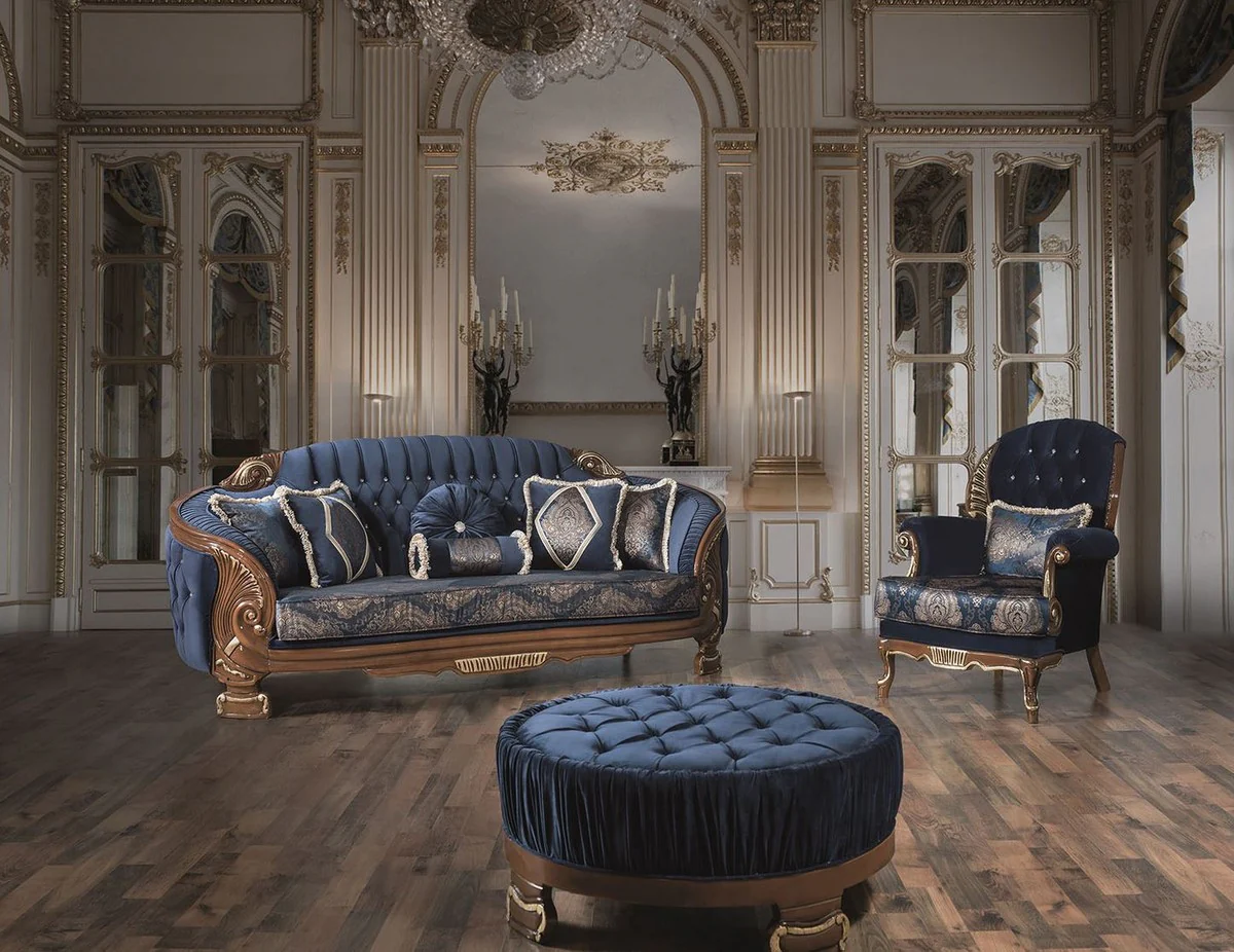 Luxus Barock Couchtisch Blau / Braun Ø 100 x H. 50 cm - Runder Wohnzimmertisch mit edelem Samtstoff und Glitzersteinen - Barock Möbel