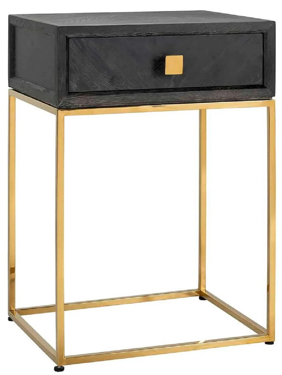 Luxus Beistelltisch Schwarz / Gold 50 x 40 x H. 71 cm - Massivholz Nachttisch mit Schublade und Edelstahl Gestell - Luxus Schlafzimmer Möbel