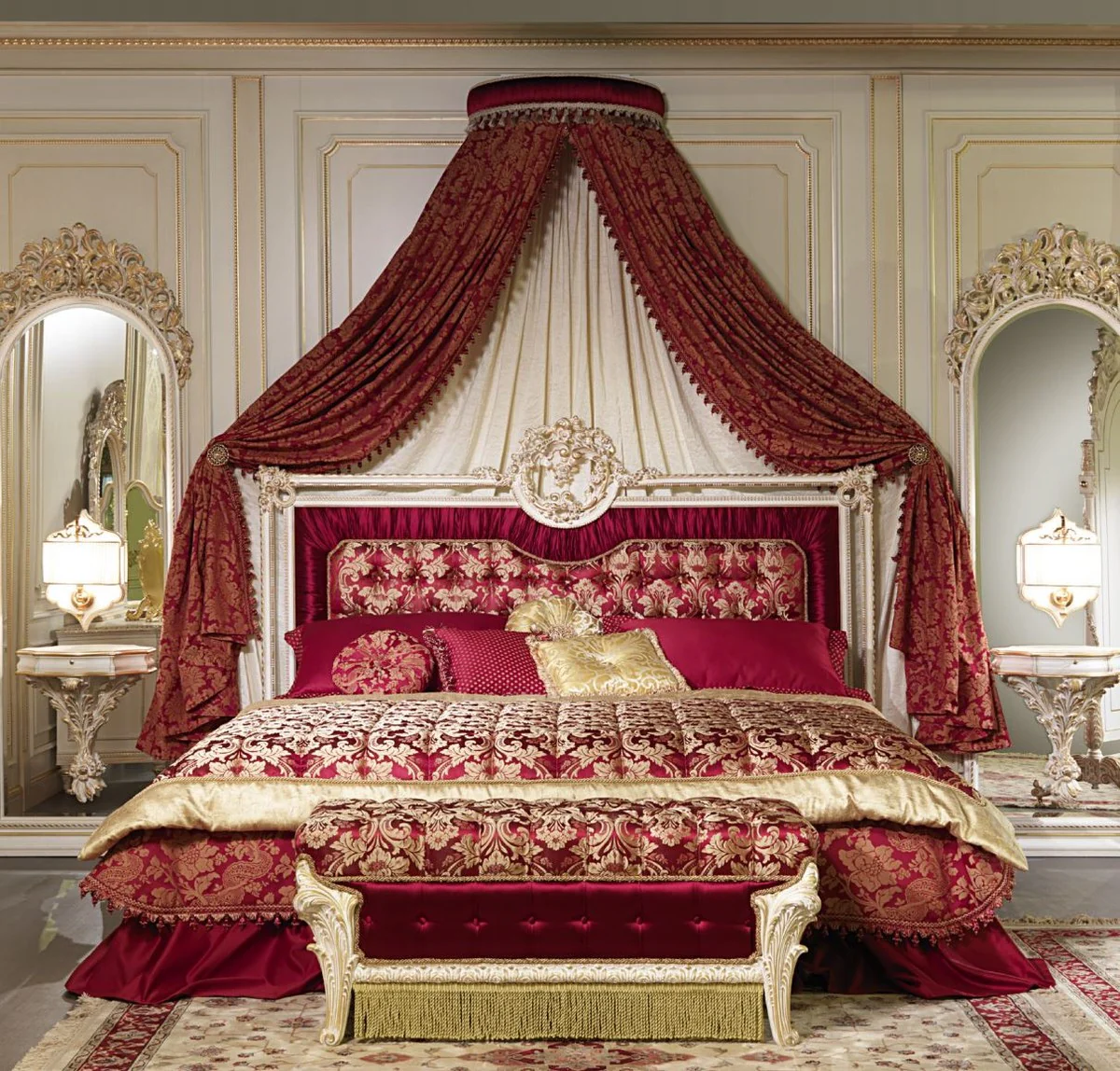 Luxus Barock Schlafzimmer Set Bordeauxrot / Weiß / Gold - 1 Doppelbett mit Kopfteil & 1 Baldachin & 1 Sitzbank - Barock Schlafzimmer Möbel - Edel & Prunkvoll