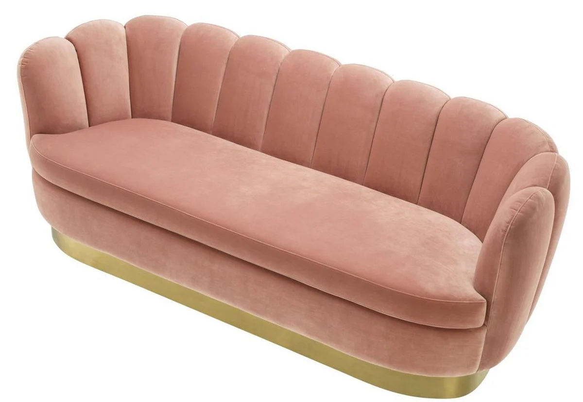 Luxus Samt Sofa Hautfarben / Messing 225 x 90 x H. 80 cm - Wohnzimmer Sofa - Hotel Sofa - Luxus Möbel - Luxus Qualität