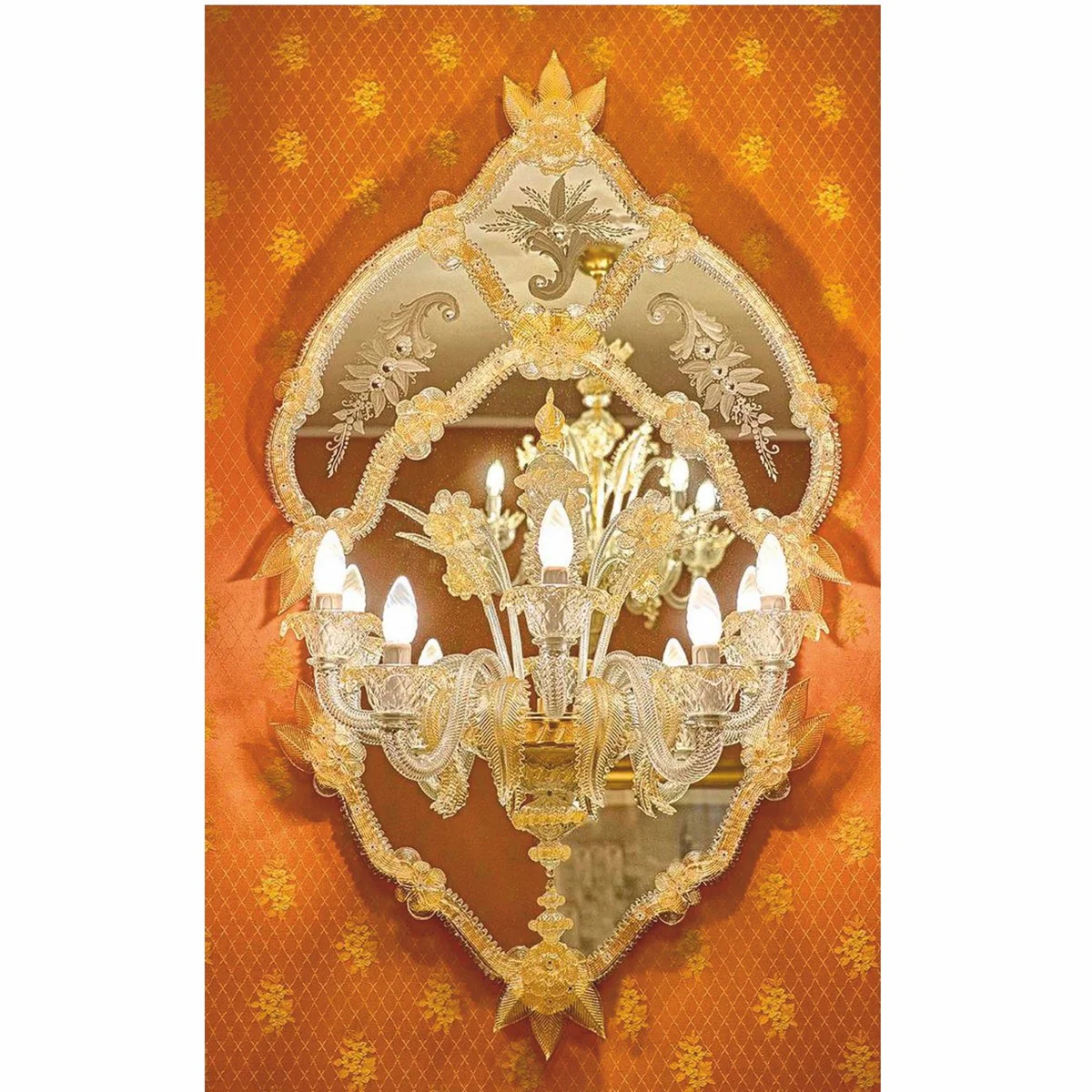 Luxus Barock Spiegel mit Wandleuchte Gelb H. 115 cm - Made in Italy