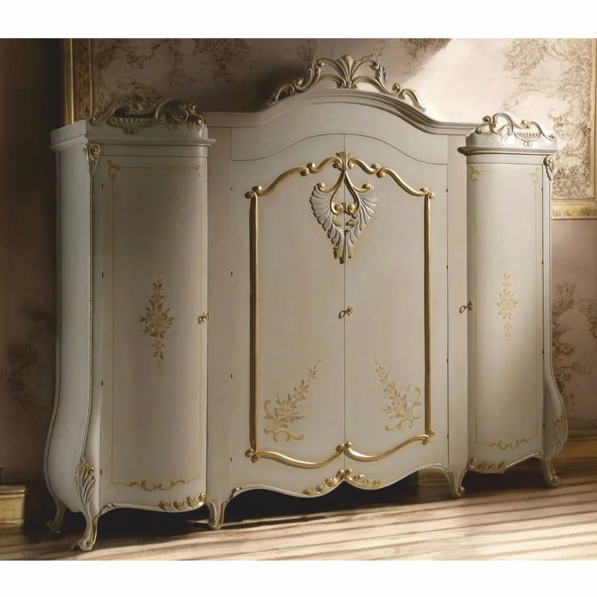 Luxus Barock Schlafzimmerschrank mit 4 Türen Creme / Gold 300 cm - Made in Italy