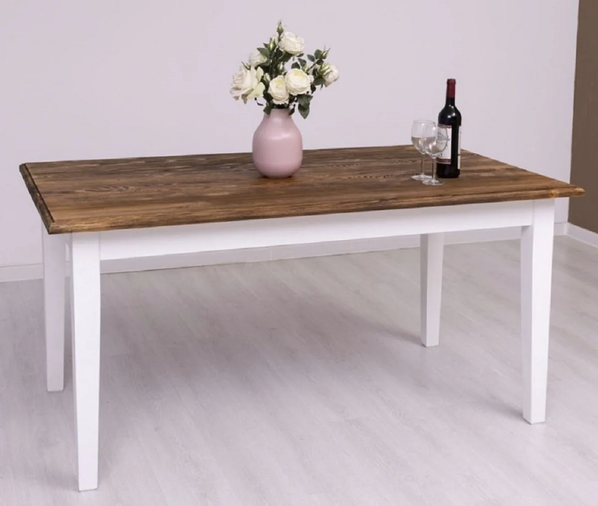 Landhausstil Esstisch Dunkelbraun / Weiß 160 x 90 x H. 78 cm - Massivholz Küchentisch - Landhausstil Esszimmer Möbel