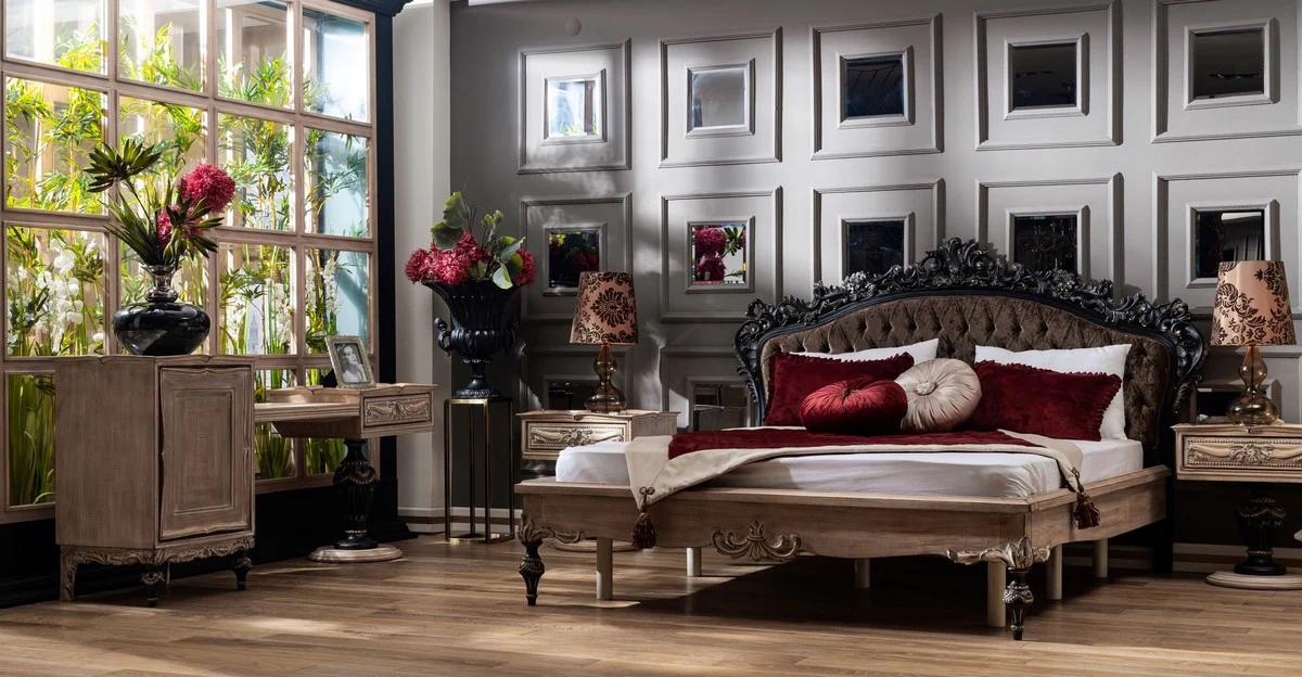 Luxus Barock Schlafzimmer Kommode mit Tür und Schublade Naturfarben / Schwarz / Gold - Barock Schlafzimmer Möbel - Edel & Prunkvoll