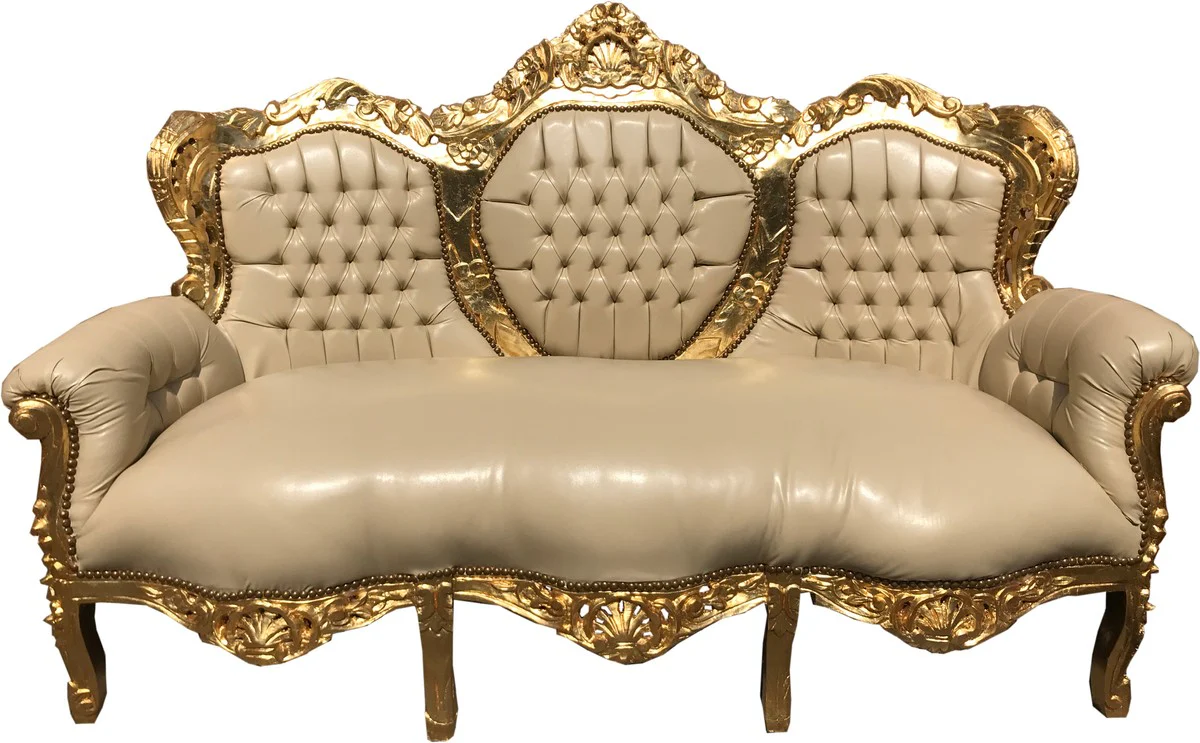 Barock 3er Sofa King Creme Lederoptik / Gold - Wohnzimmer Couch Möbel Lounge