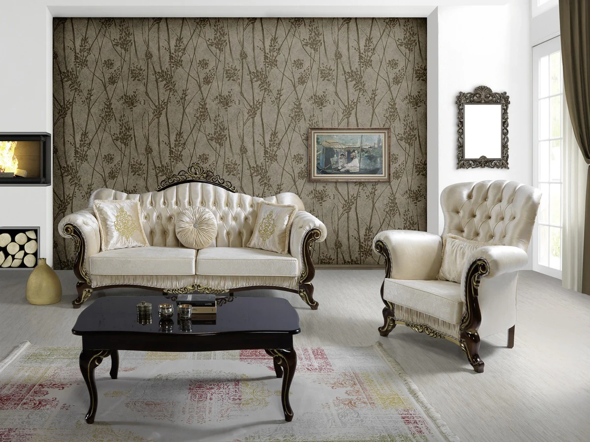 Barock Wohnzimmer Set Champagnerfarben / Schwarz / Gold - 2 Sofas & 2 Sessel & 1 Couchtisch - Wohnzimmer Möbel - Edel & Prunkvoll