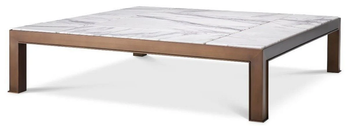 Luxus Couchtisch Antik Messingfarben / Weiß / Lila 119 x 119 x H. 29 cm - Moderner Edelstahl Wohnzimmertisch mit Marmorplatten - Wohnzimmer Möbel