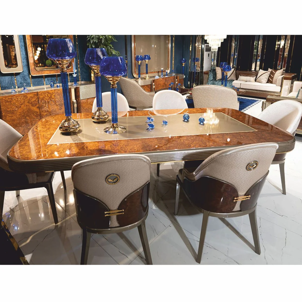 Luxus Esstisch Braun / Gold / Grau 240 cm - Esszimmer Möbel