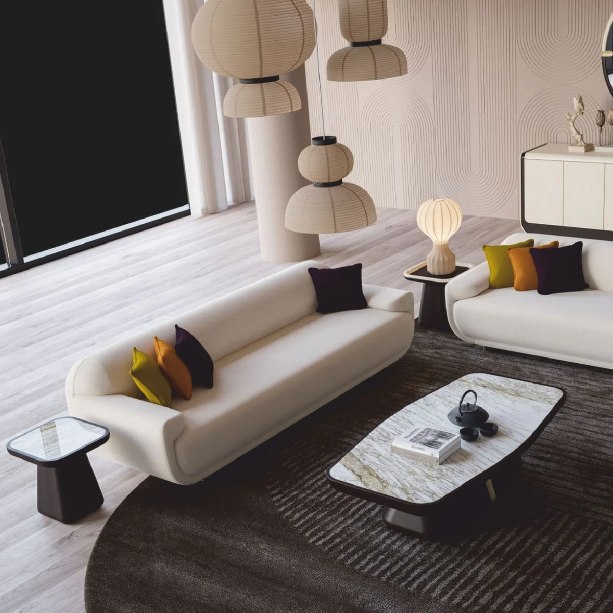 Luxus Beistelltisch mit Marmorplatte Dunkelbraun / Weiß-Braun H. 46 cm