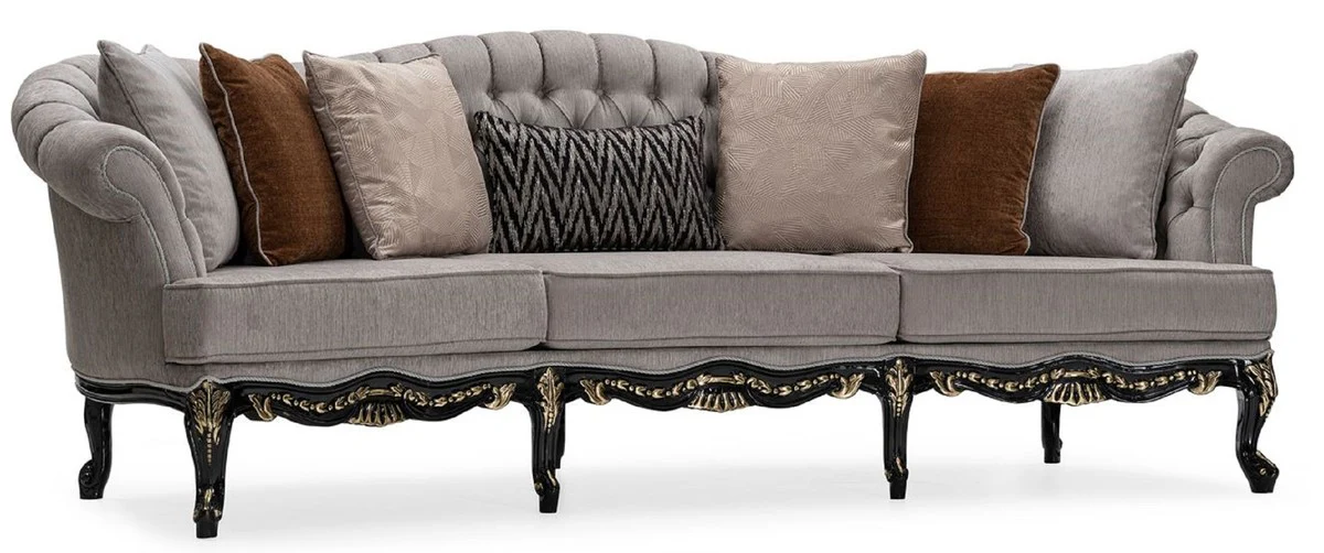 Luxus Barock Wohnzimmer Sofa Grau / Schwarz / Gold - Handgefertigtes Barockstil Sofa mit dekorativen Kissen - Luxus Wohnzimmer Möbel im Barockstil - Barock Möbel - Edel & Prunkvoll