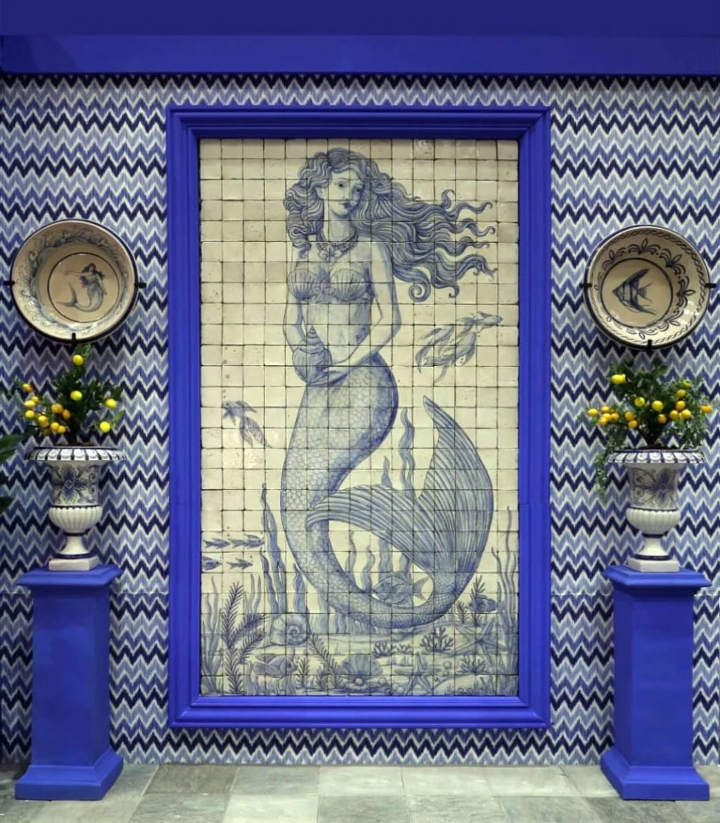 Luxus Barock Wandgemälde Meerjungfrau Creme / Blau H. 280 cm - Barock Wanddeko