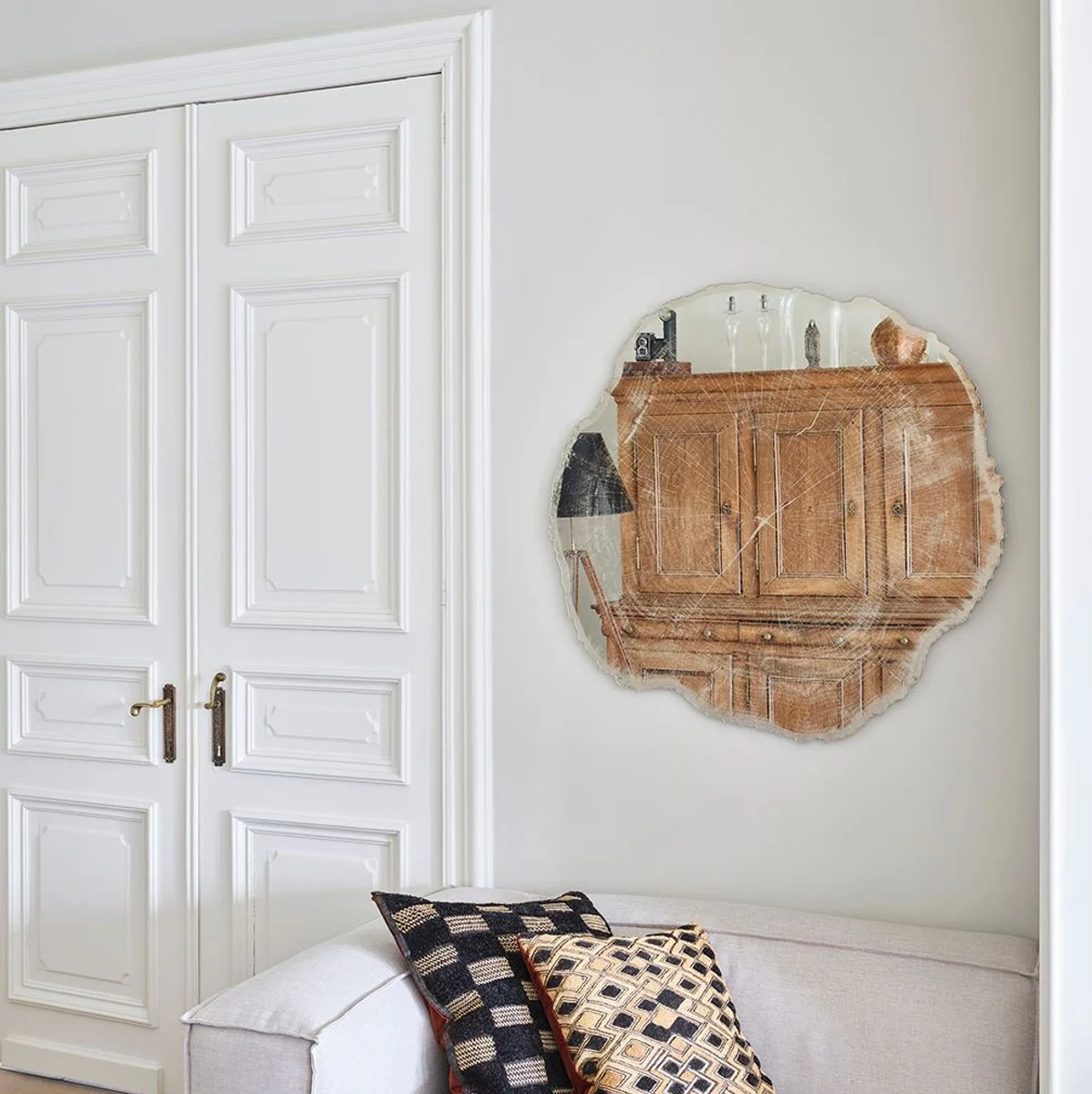 Luxus Wandspiegel im Baumscheiben Design Weiß / Beige 101 x 2,5 x H. 98 cm - Wohnzimmer Spiegel - Schlafzimmer Spiegel - Garderoben Spiegel - Luxus Möbel - Luxus Interior