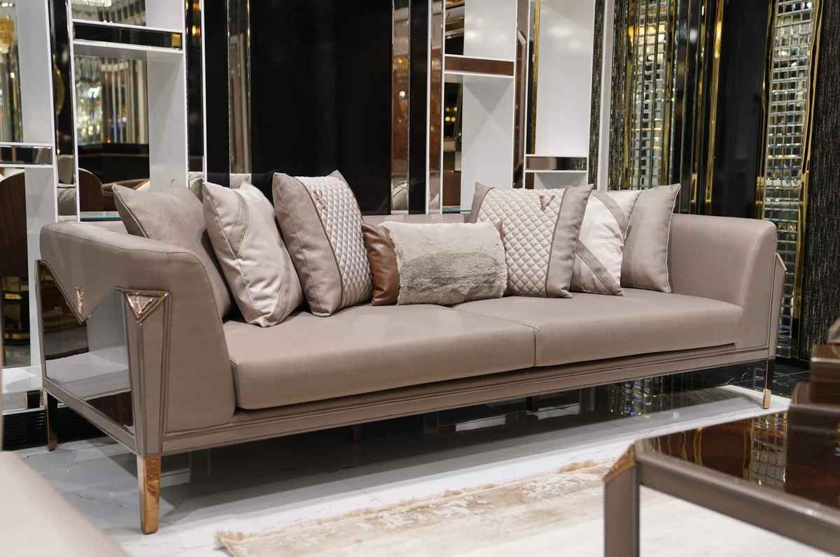 Luxus Sofa Grau / Dunkelbraun / Kupfer - Wohnzimmer Sofa - Hotel Sofa - Wohnzimmer Möbel - Hotel Möbel - Luxus Möbel - Wohnzimmer Einrichtung - Luxus Einrichtung - Luxus Qualität