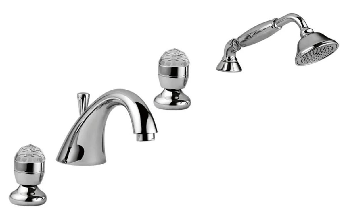 Luxus Badewannen Armaturen Set 4-Loch Kombination Silber - Badezimmer Badewannenarmaturen mit Swarovski Kristallglas